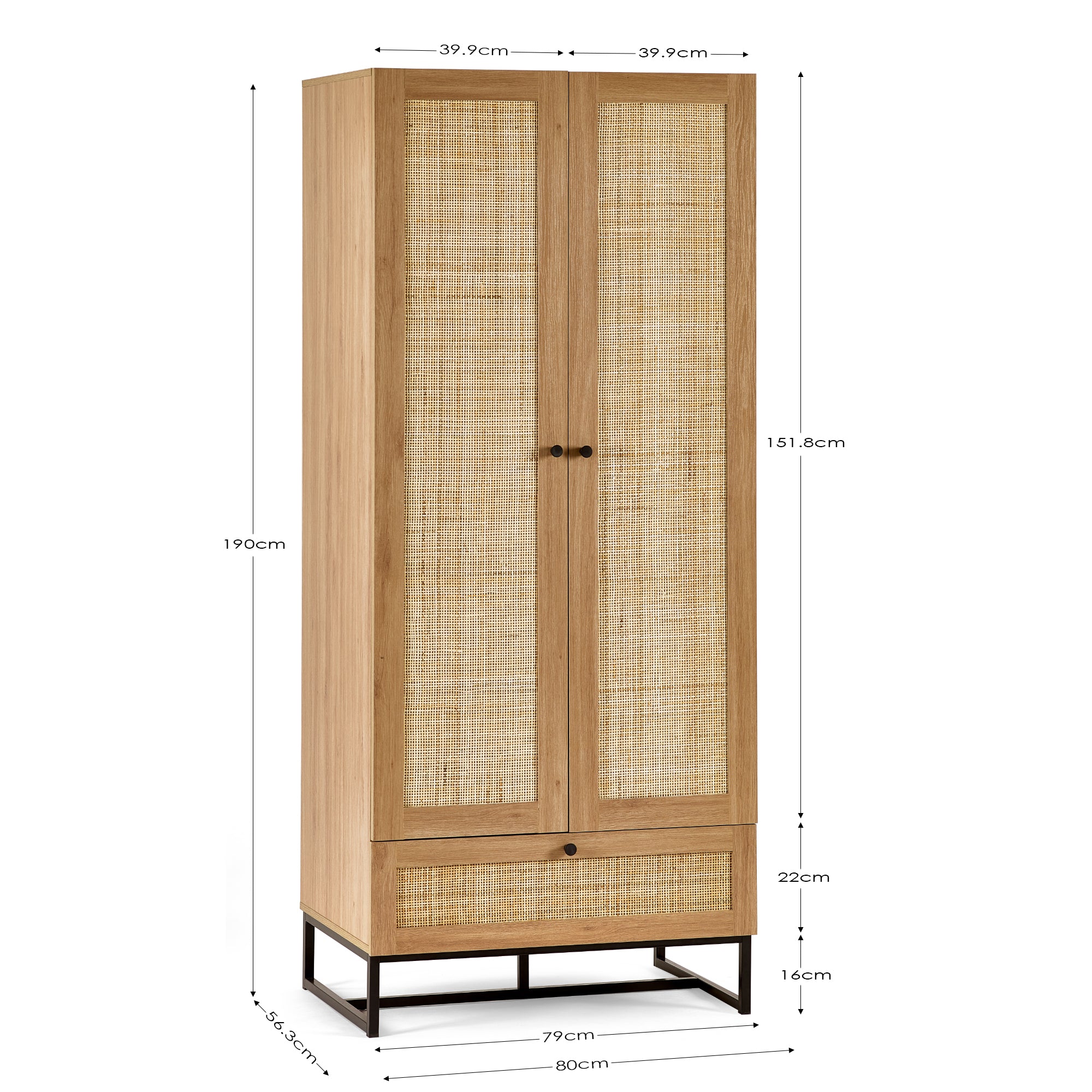 Clermont Oak Wood & Rattan Wardrobe